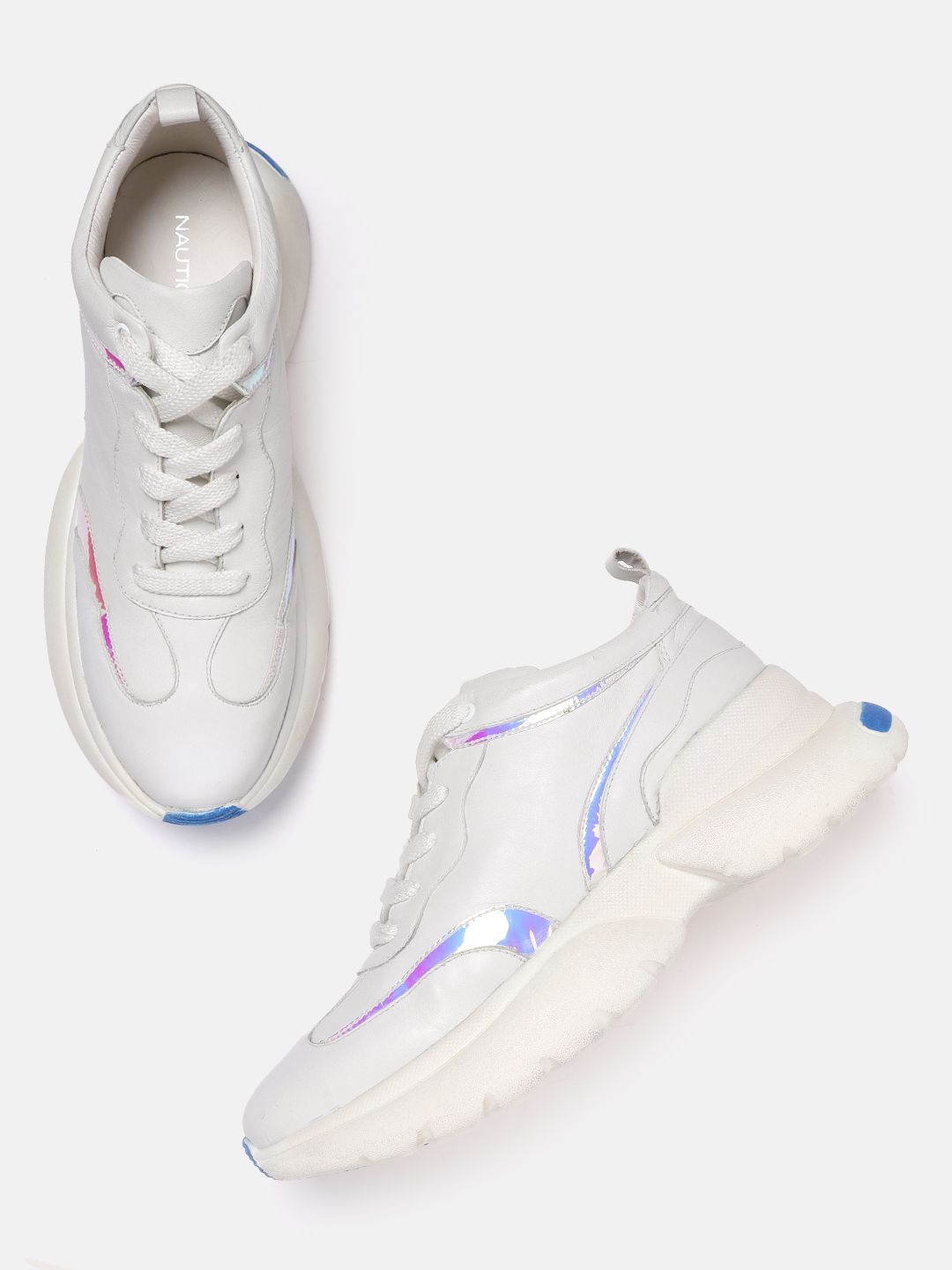 Nautica Women White Solid Leather Sneakers with Iridescent Effect Detail Price in India