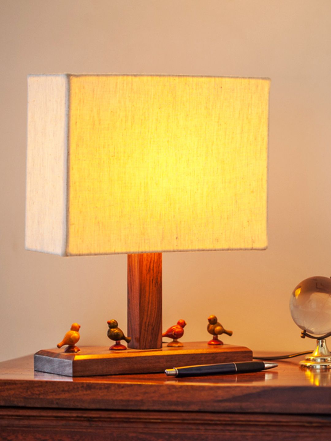 ExclusiveLane Cream-Coloured 12 Inch Sheesham Wooden Table Lamp with Shade Price in India