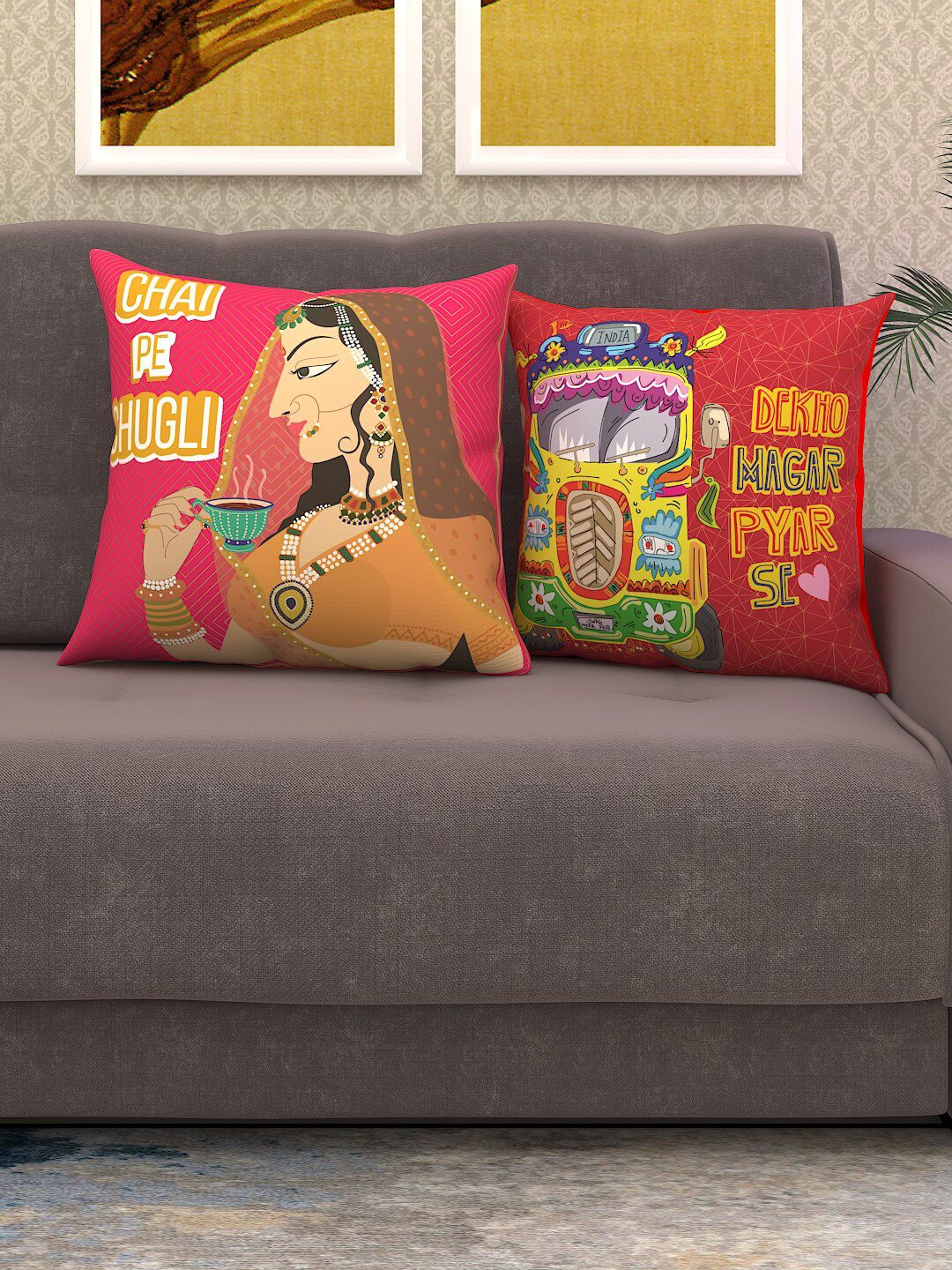 Athom Trendz Multicoloured Set of 2 Quirky Square Cushion Covers Price in India