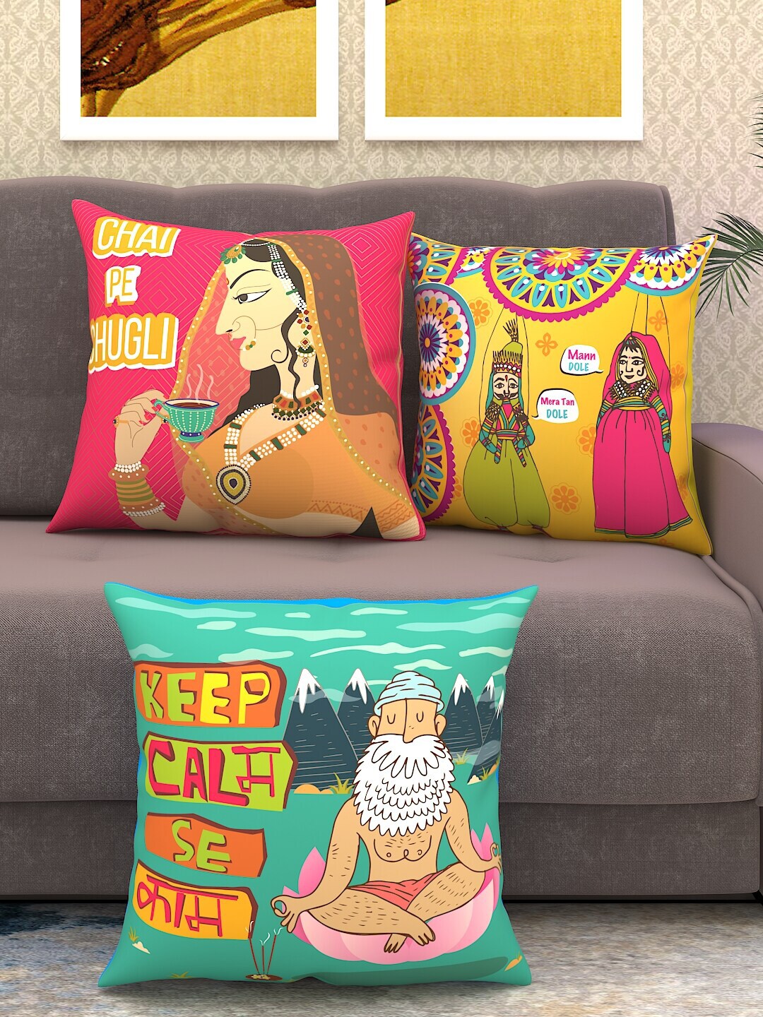Athom Trendz Multicoloured Set of 3 Quirky Square Cushion Covers Price in India