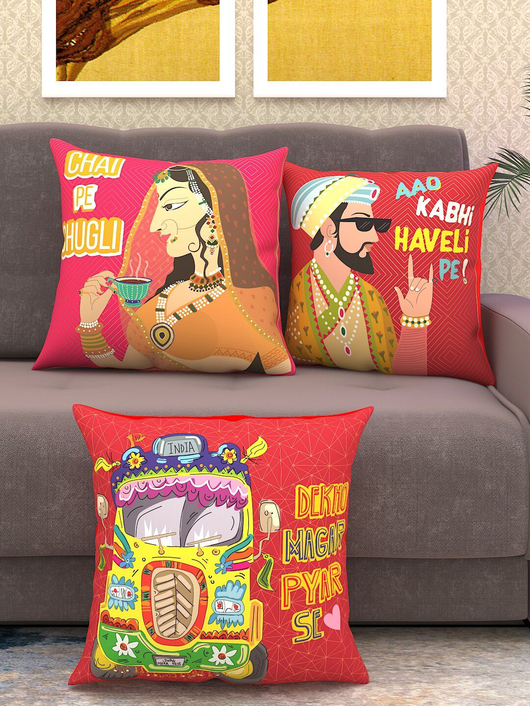 Athom Trendz Red & Yellow Set of 3 Quirky Square Cushion Covers Price in India
