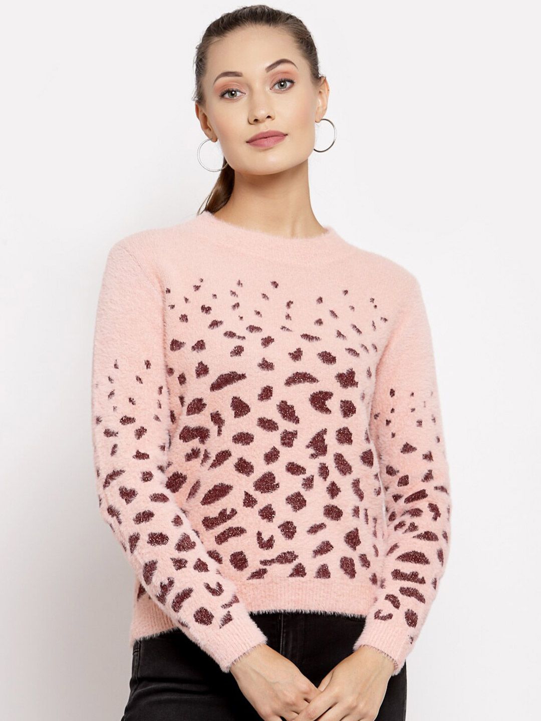 Juelle Women Peach-Coloured & Brown Animal Print Pullover Price in India