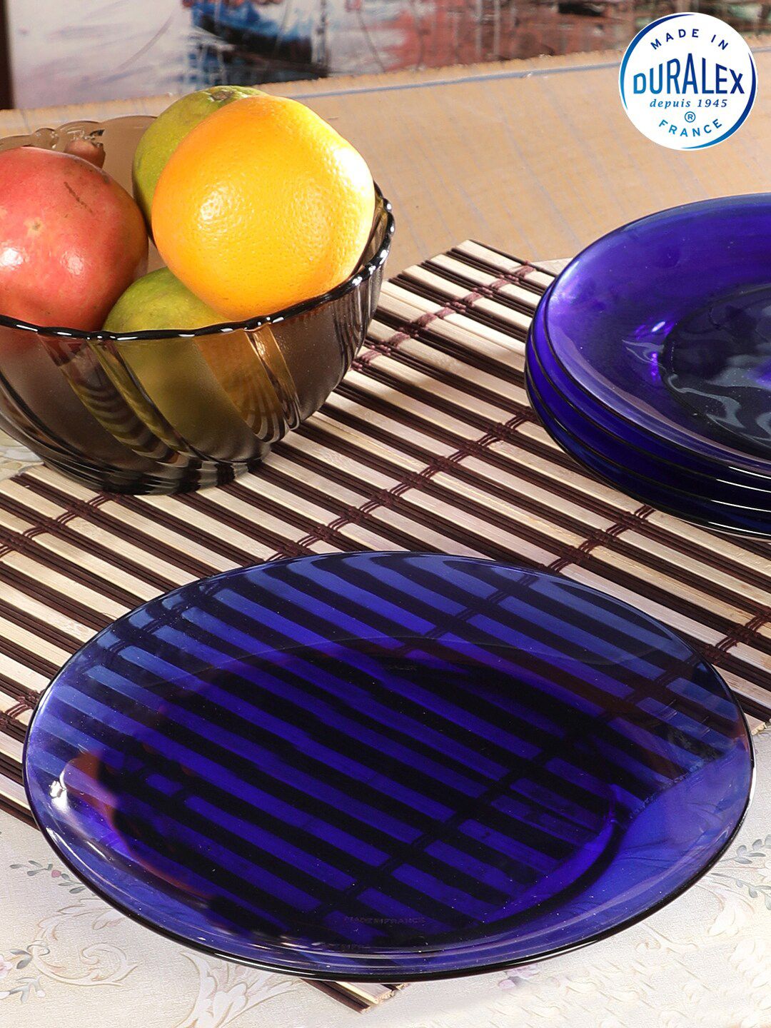 DURALEX Navy Blue & 6 Pieces Glass Glossy Plates 23.5 cm Price in India