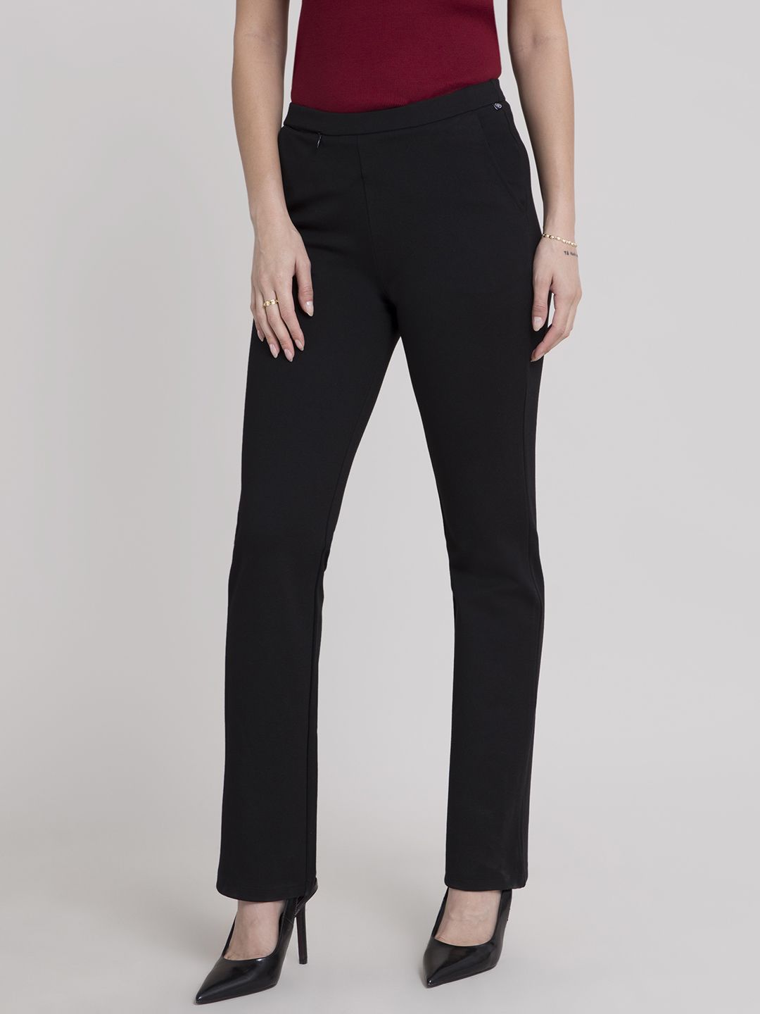 FableStreet Women Black Bootcut Formal Trousers Price in India