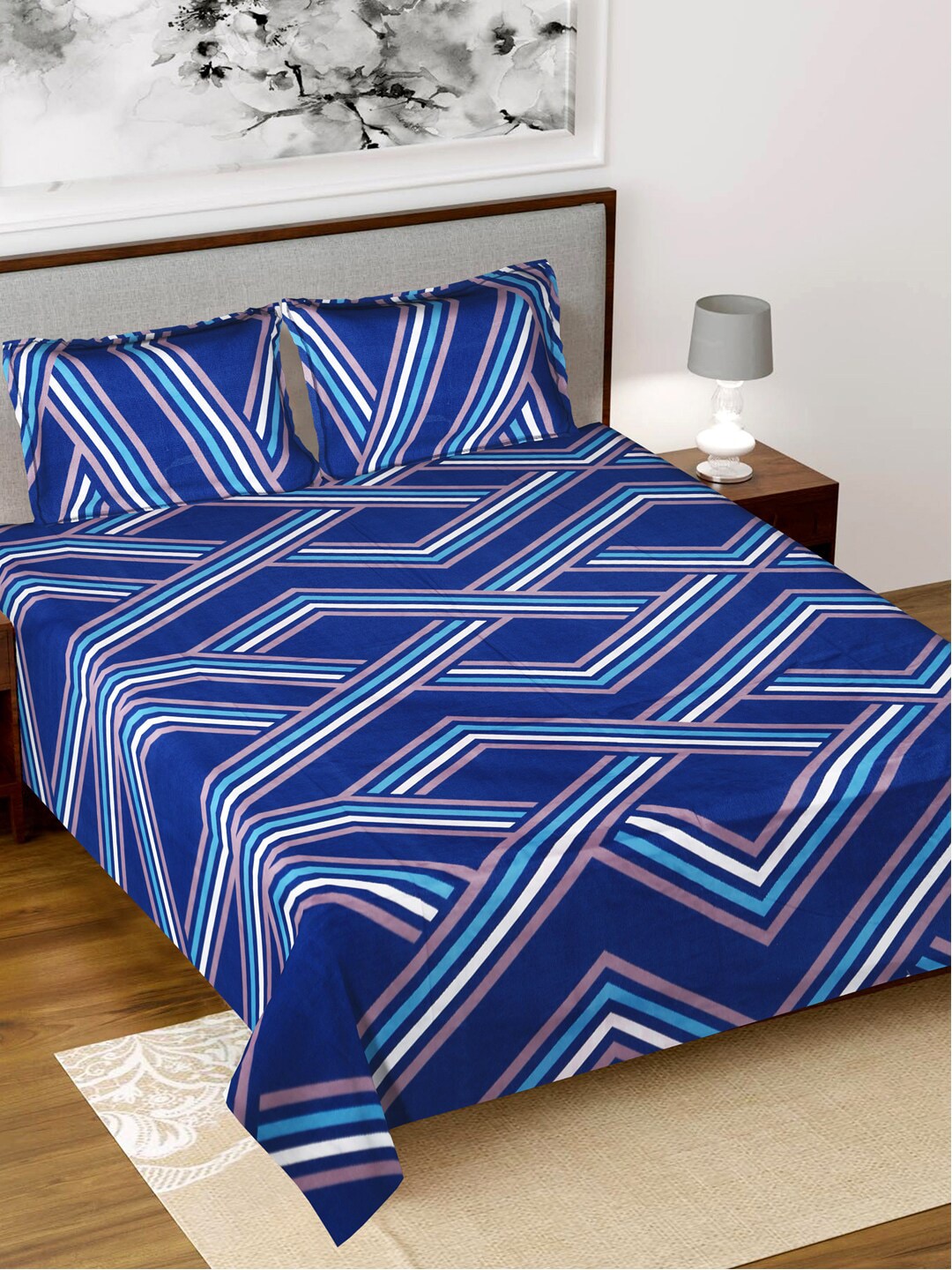 Kuber Industries Blue & White Geometric 160 TC King Bedsheet with 2 Pillow Covers Price in India
