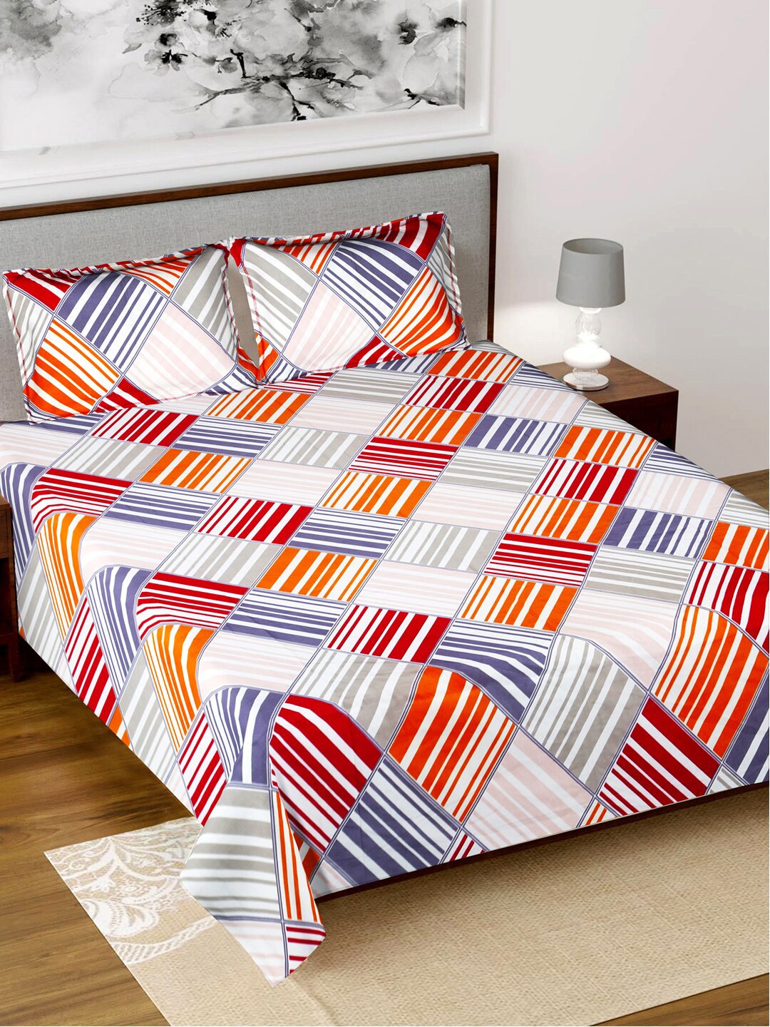 Kuber Industries Orange & White Geometric 160 TC King Bedsheet with 2 Pillow Covers Price in India
