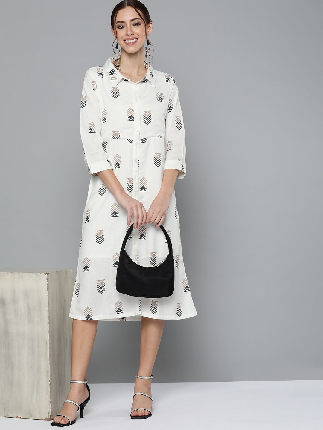 HERE&NOW White Shirt-Style Midi Dress Price in India