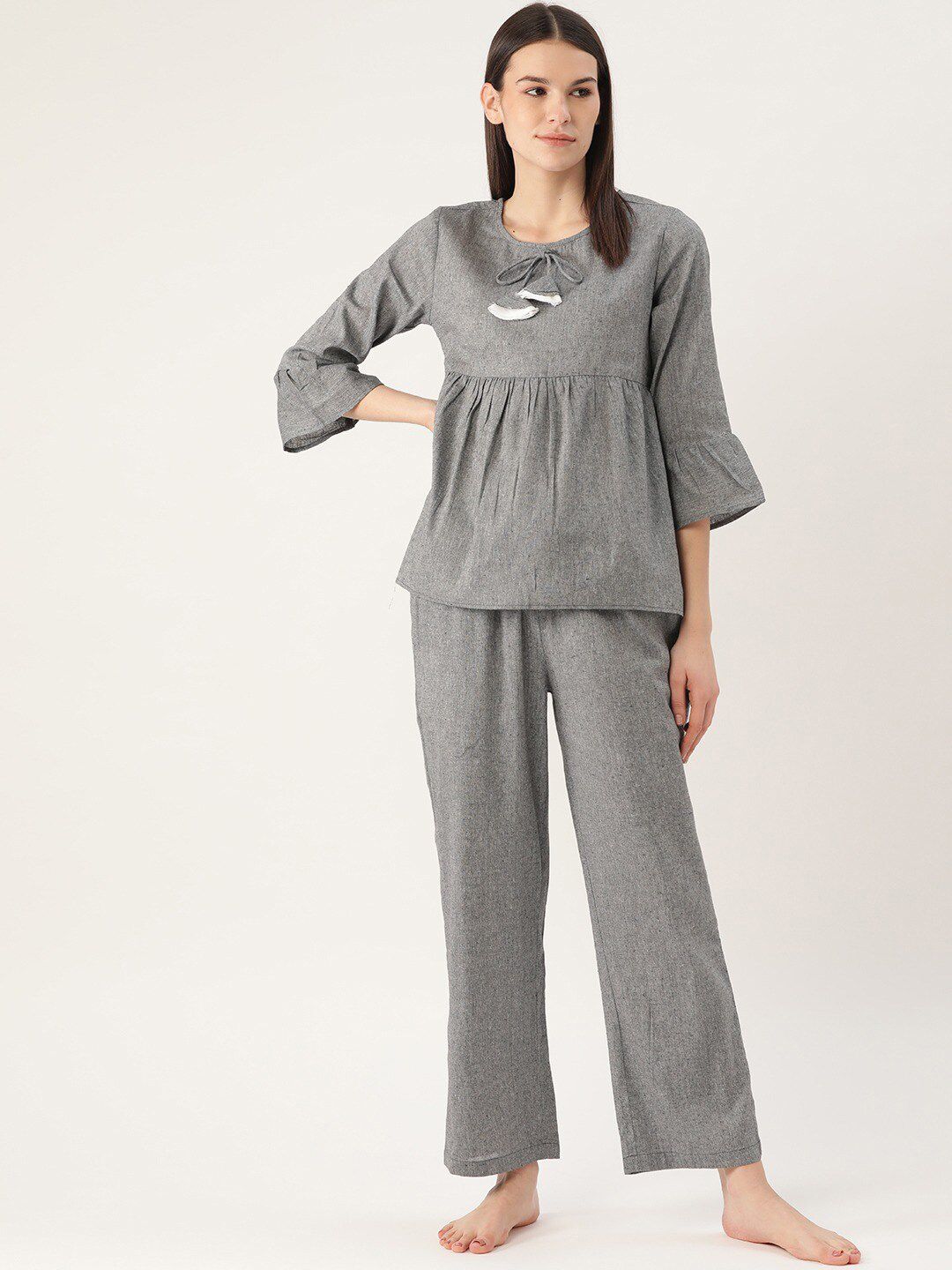 Cottinfab Women Grey Solid Pure Cotton Night suit Price in India