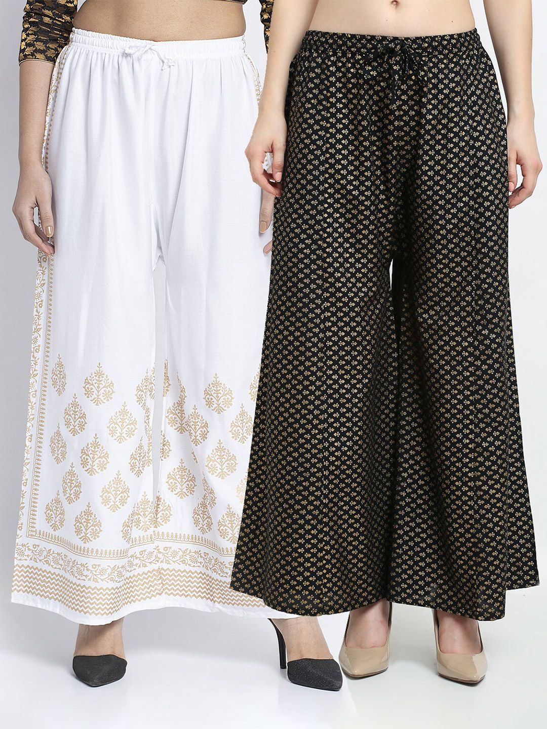 GRACIT Women Set of 2 White & Black Floral Printed Knitted Palazzos