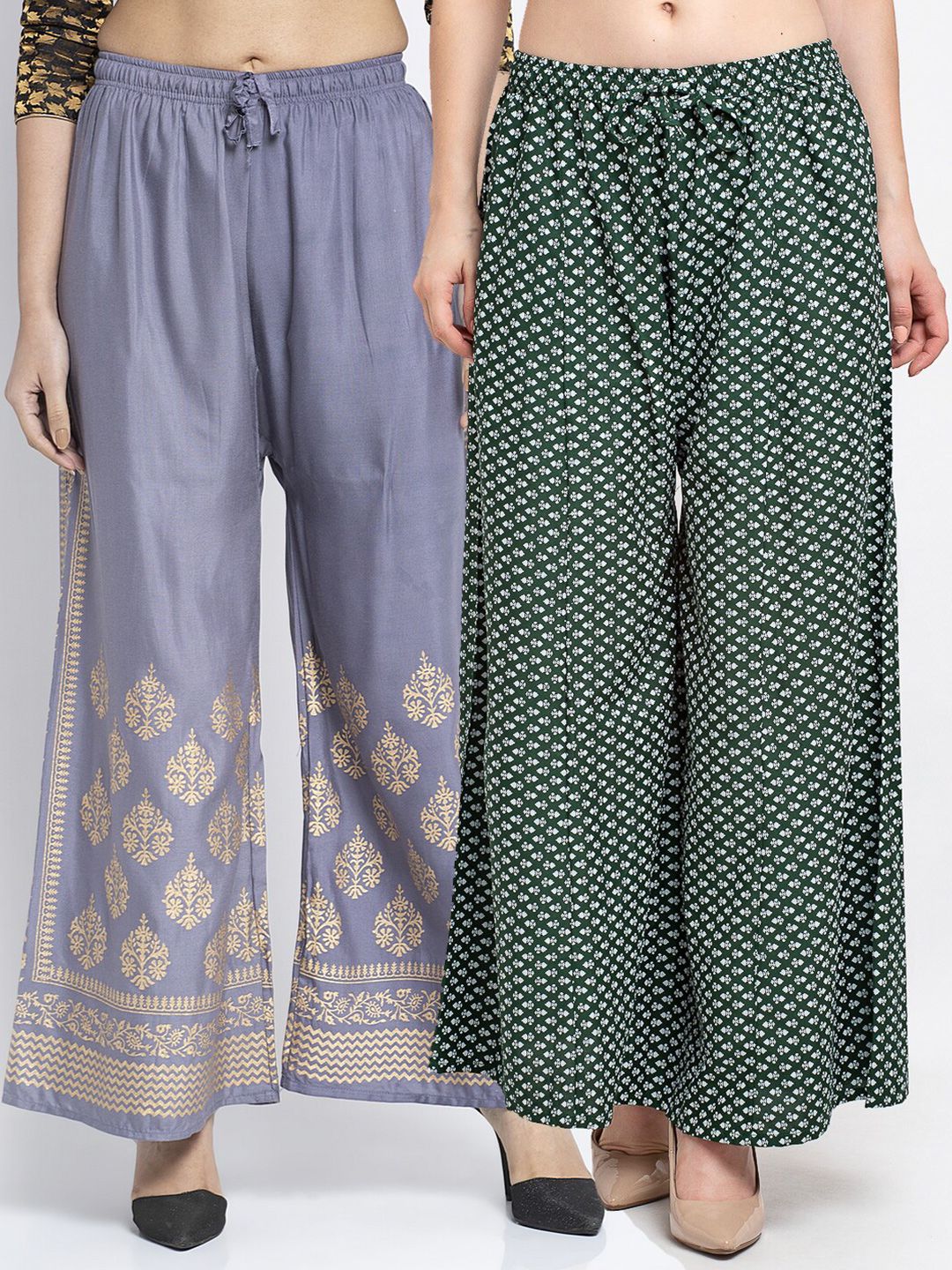 GRACIT Women Grey & Green 2 Ethnic Motifs Block Printed Knitted Ethnic Palazzos Price in India