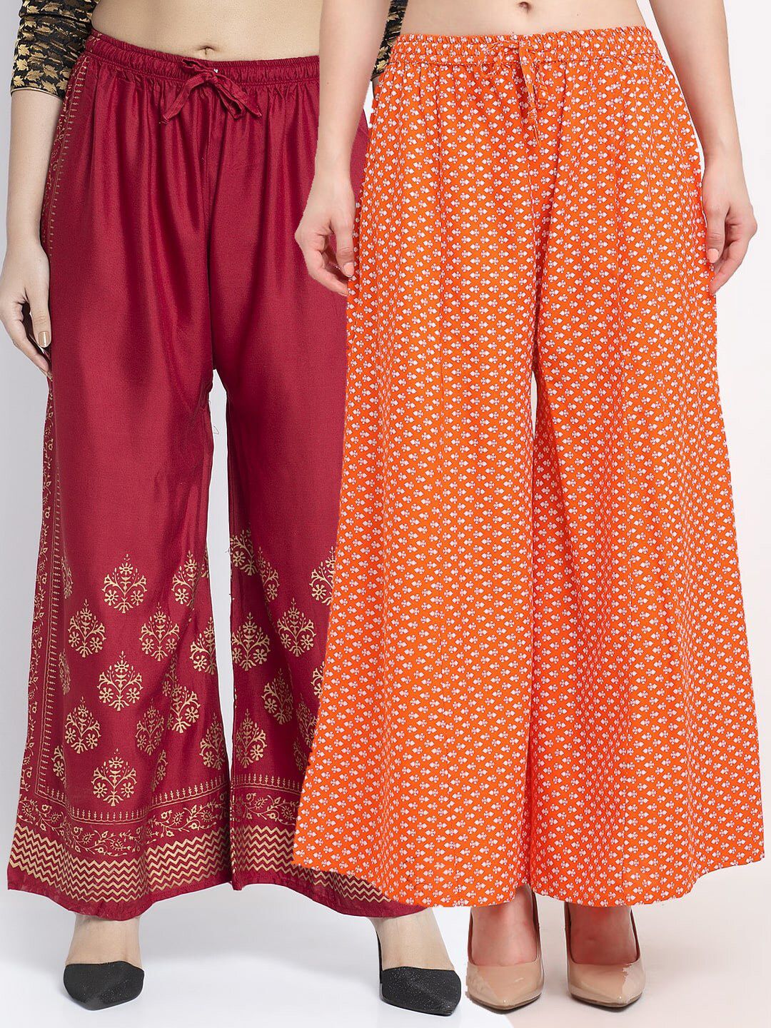 GRACIT Women Maroon & Orange 2 Floral Printed Knitted Palazzos Price in India