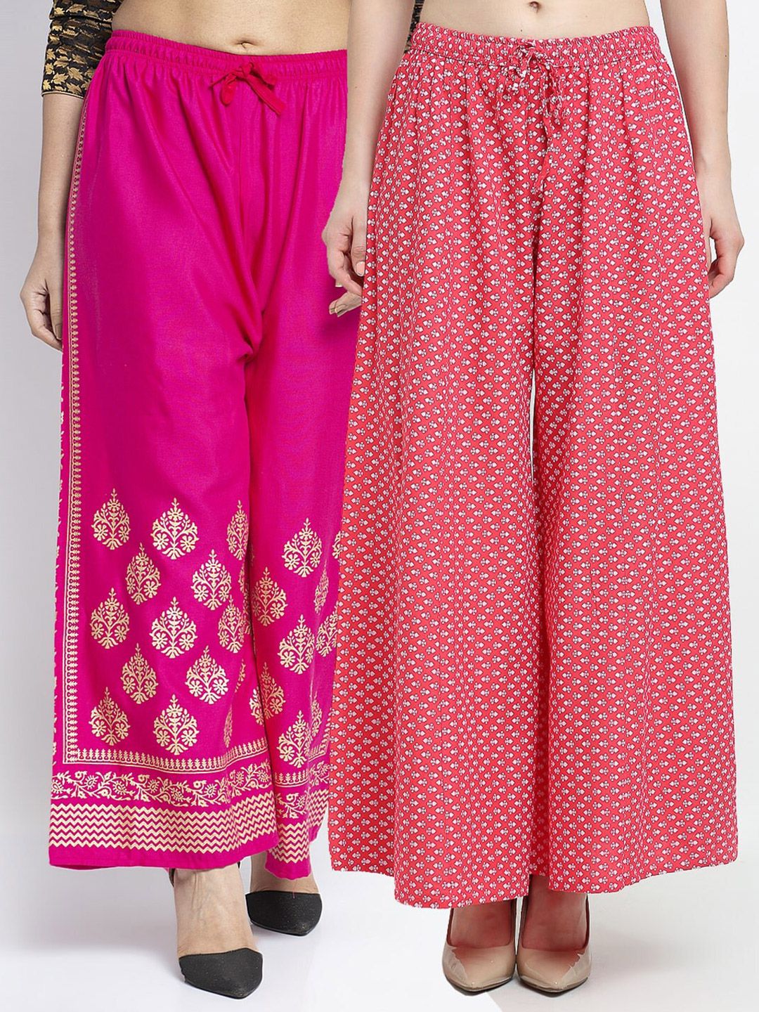 GRACIT Women Pack Of 2 Pink & Coral Floral Printed Knitted Ethnic Palazzos Price in India