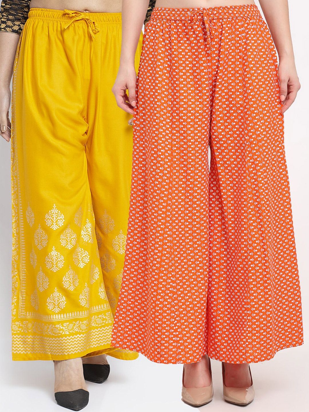 GRACIT Women Yellow & Orange Pack of 2 Floral Printed Flared Knitted Ethnic Palazzos Price in India