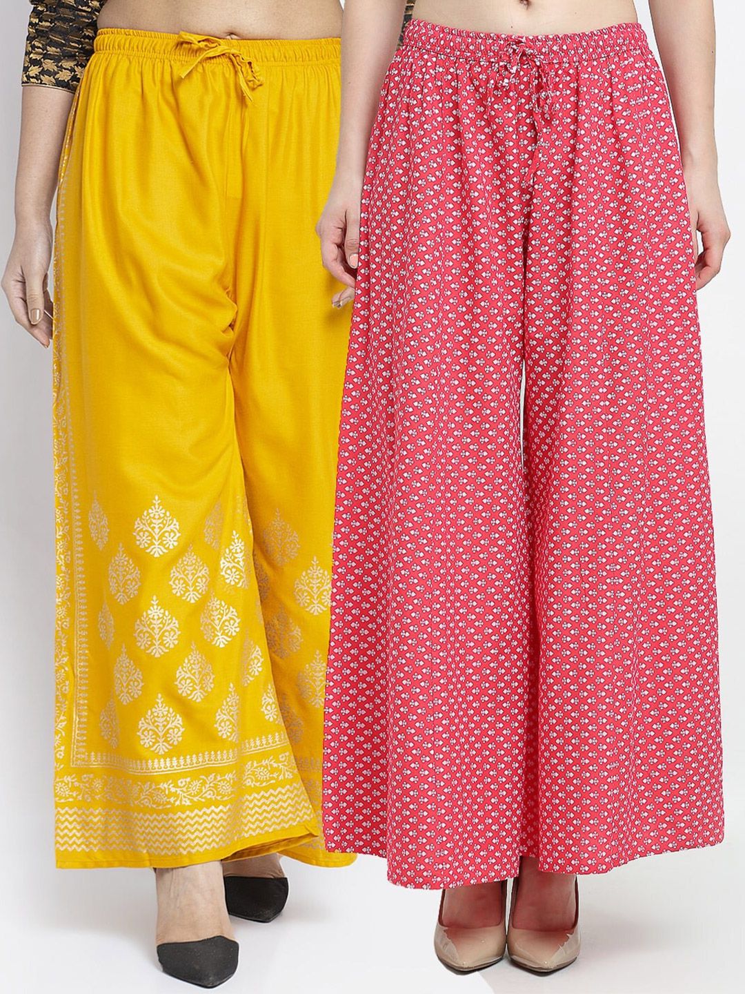 GRACIT Women Yellow & Pink Pack of 2 Floral Printed Flared Knitted Ethnic Palazzos Price in India