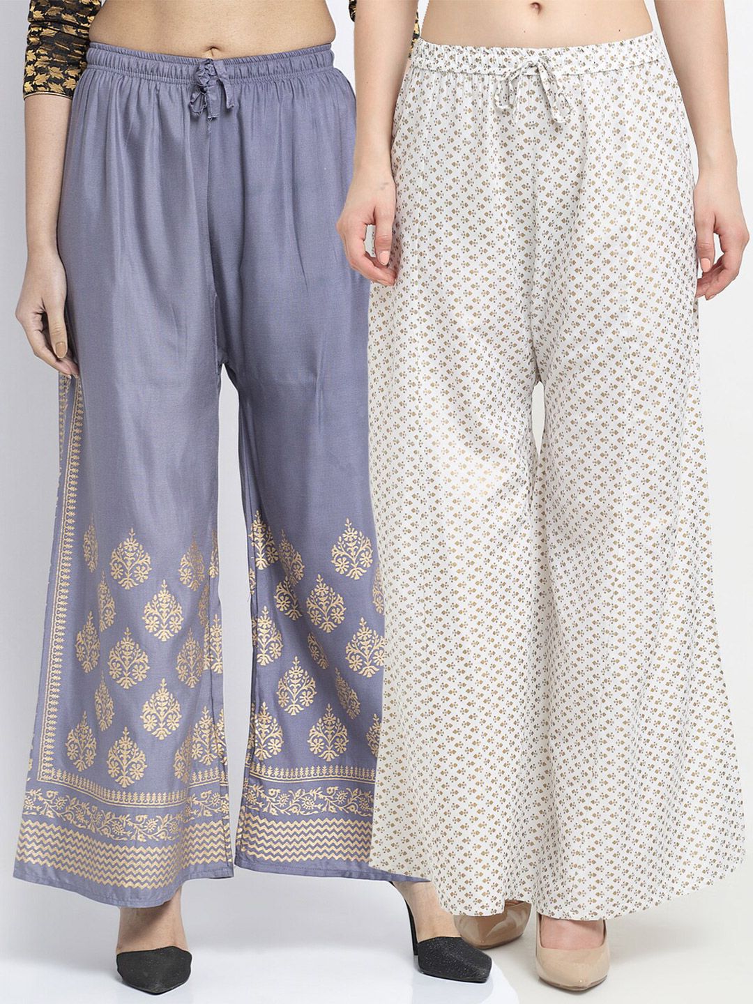 GRACIT Women Grey & Off White Pack Of 2 Floral Printed Knitted Ethnic Palazzos Price in India