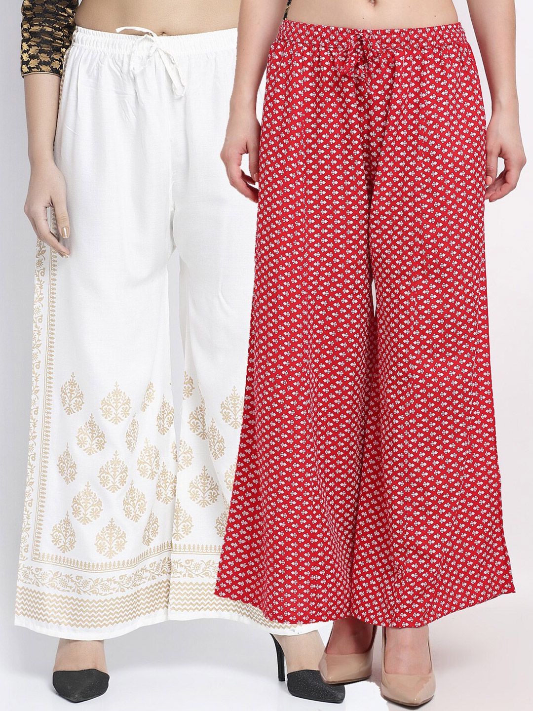 GRACIT Pack Of 2 Women Off White & Red Floral Printed Knitted Ethnic Palazzos Price in India