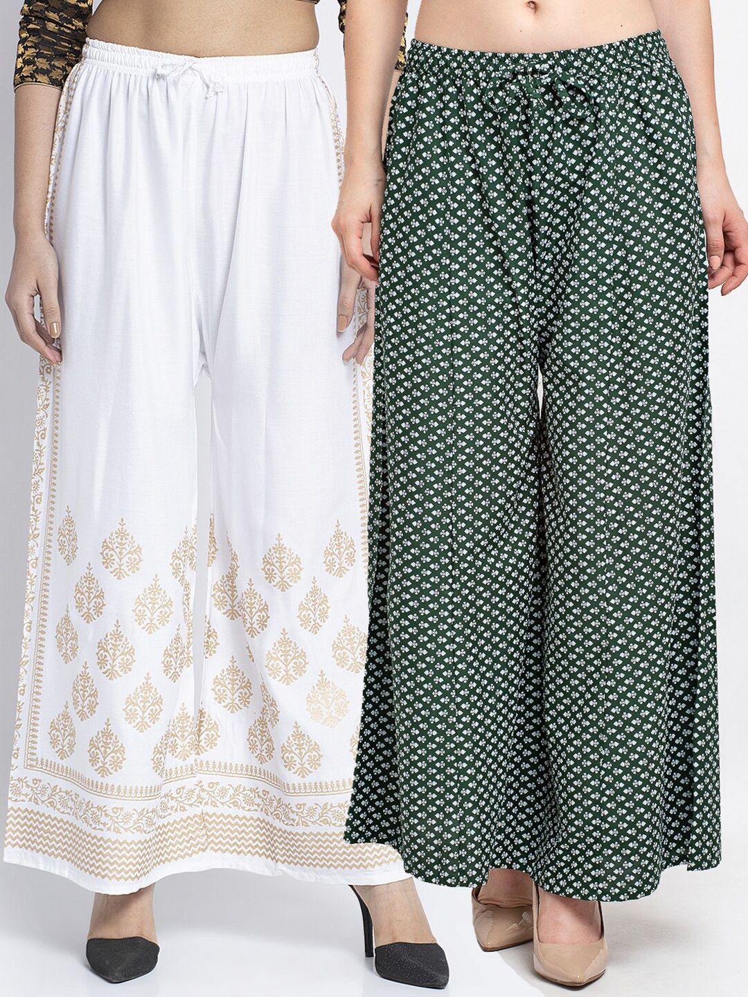 GRACIT Women Pack of 2 White & Green Floral Printed Wide Leg Palazzos Price in India