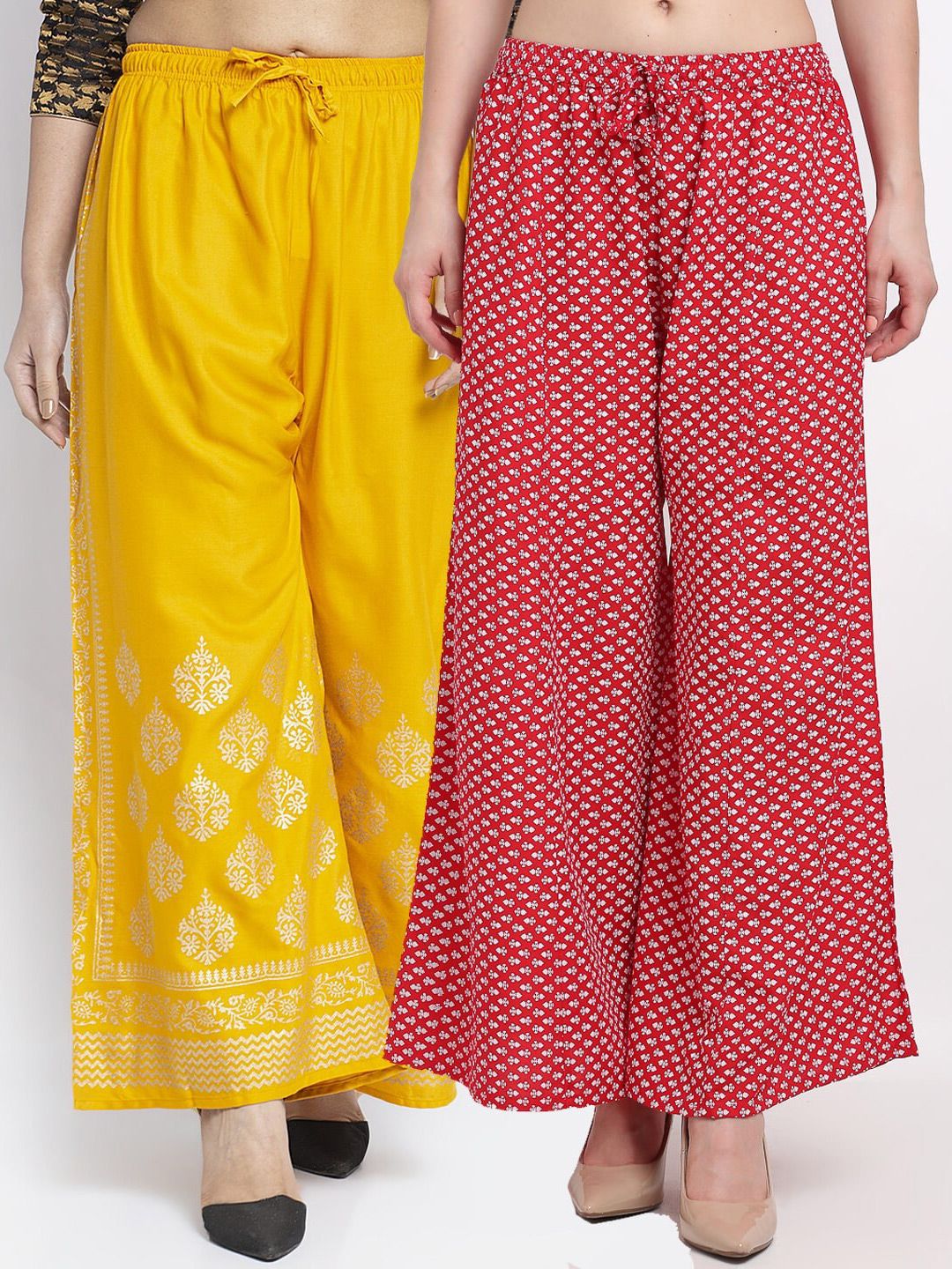 GRACIT Pack Of 2 Women Yellow & Red Floral Printed Knitted Ethnic Palazzos Price in India