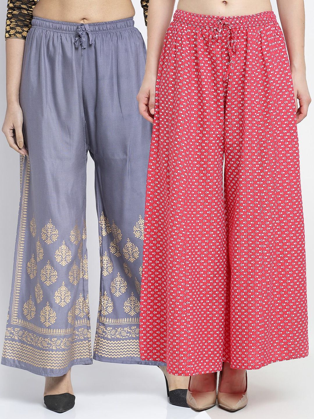 GRACIT Pack Of 2 Women Grey & Pink Floral Printed Knitted Ethnic Palazzos Price in India