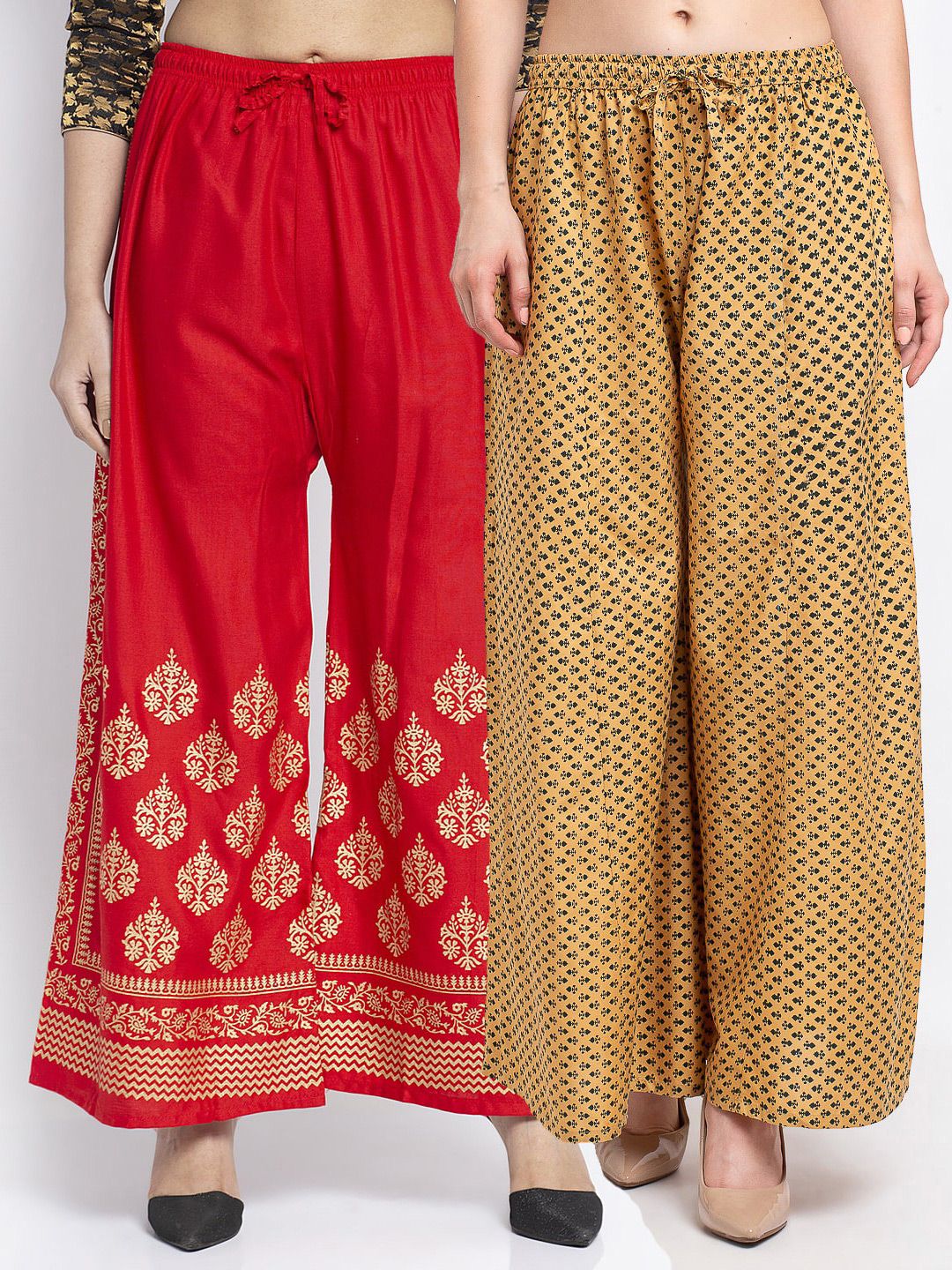 GRACIT Women Set of 2 Red & Tan Floral Printed Knitted Palazzos Price in India