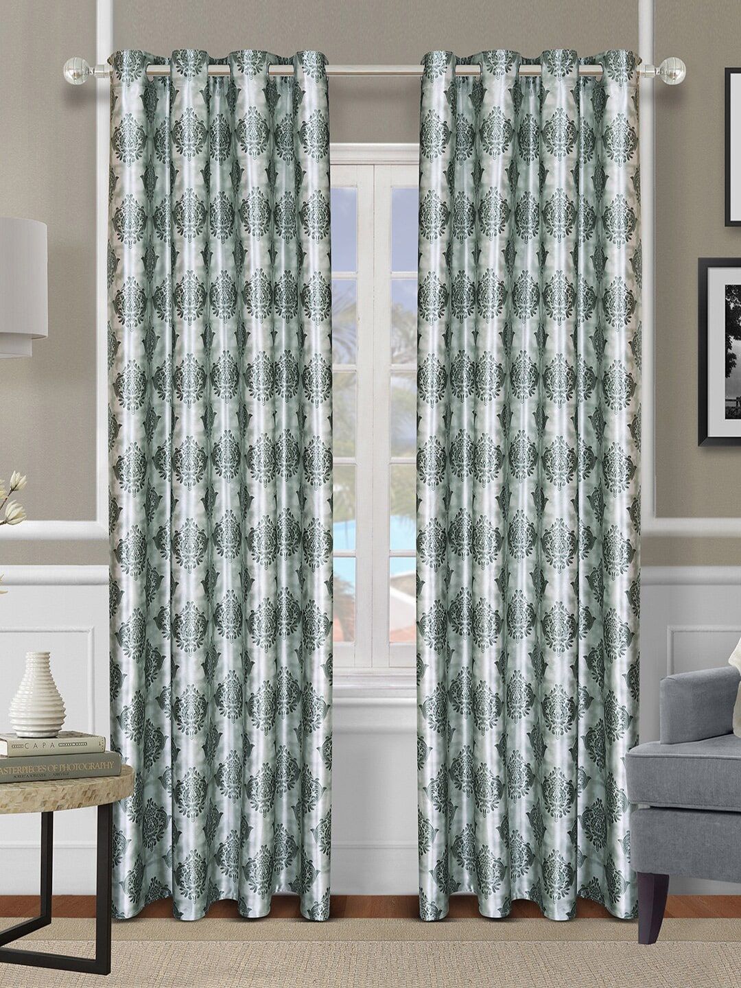 ROMEE Green Set of 2 Ethnic Motifs Room Darkening Long Door Curtain Price in India