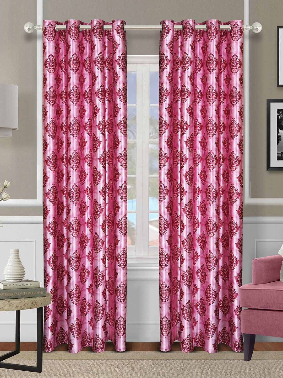 ROMEE Set Of 2 Pink Floral Printed Room Darkening Long Door Curtains Price in India