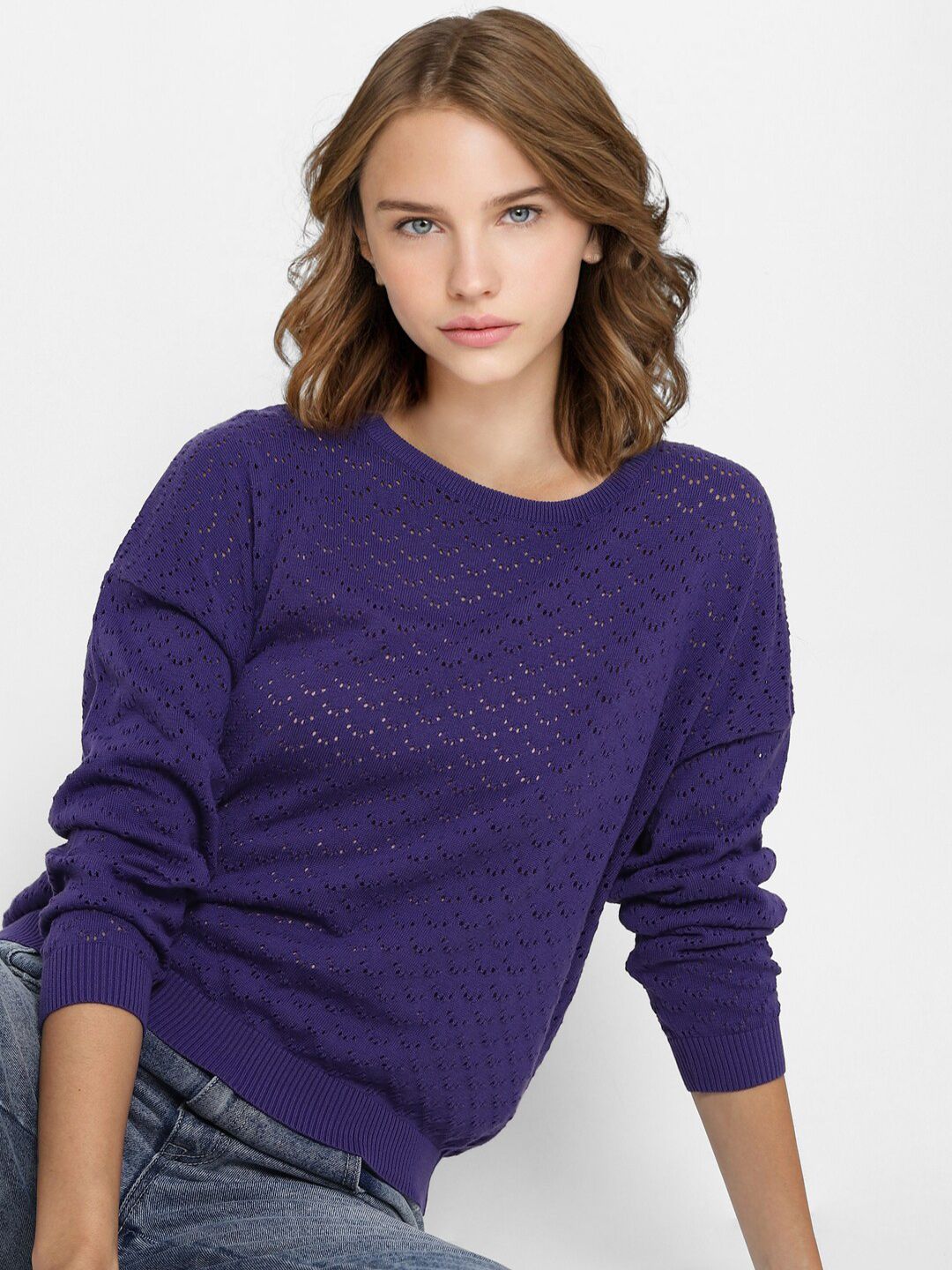 ONLY Women Purple Self Designed Pullover Sweater Price in India