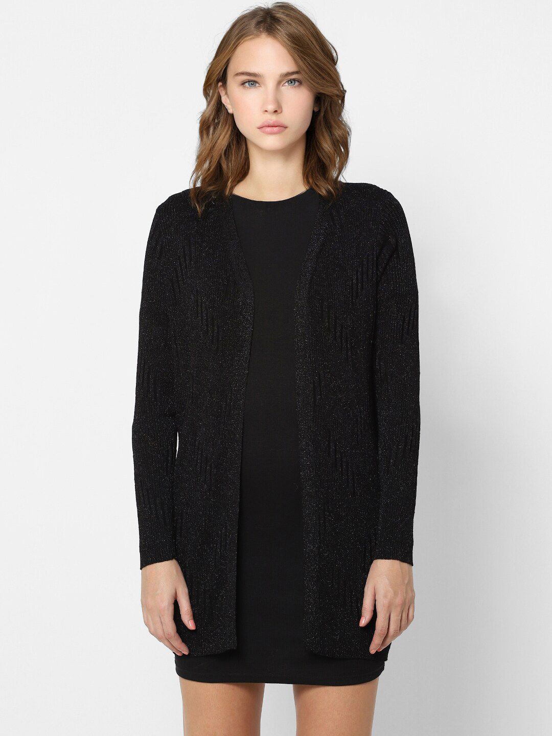 ONLY Women Black Longline Front-Open Sweater Price in India