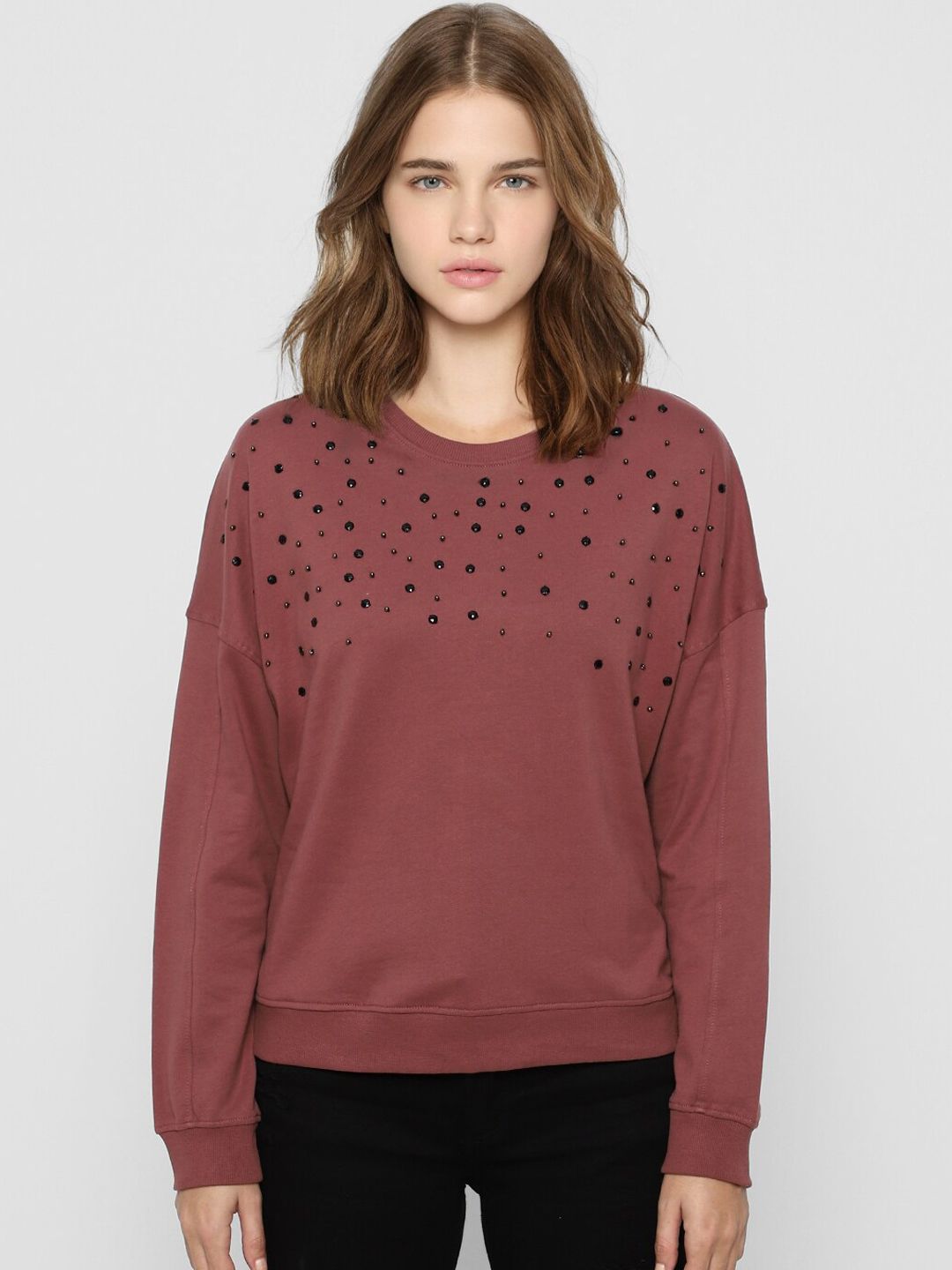 ONLY Women Brown & Black Embellished Pullover Sweatshirt Price in India