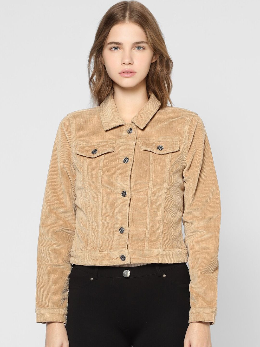 ONLY Women Beige Striped Crop Tailored Jacket Price in India