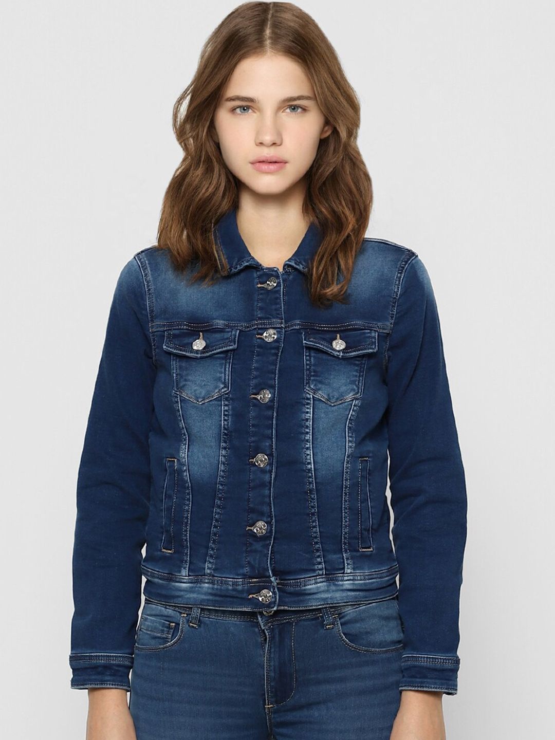 ONLY Women Navy Blue Washed Denim Jacket Price in India