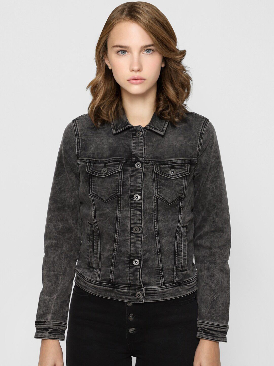 ONLY Women Black Washed Denim Jacket Price in India