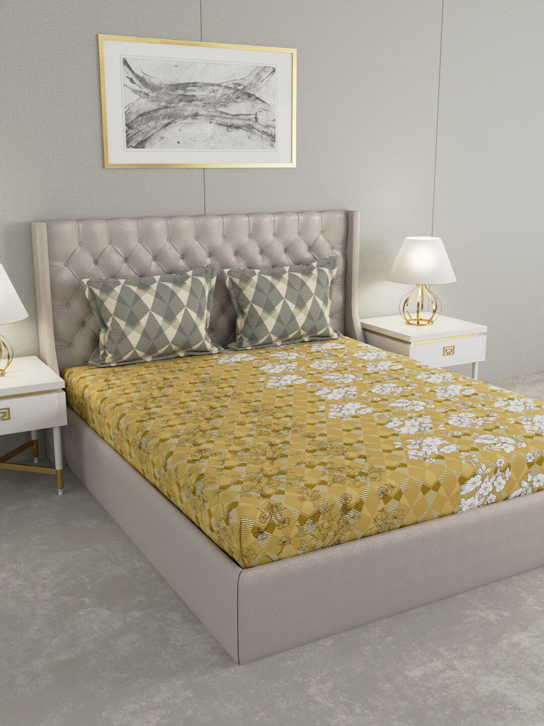 Raymond Home Yellow & Grey Floral 140 TC Queen Bedsheet with 2 Pillow Covers Price in India