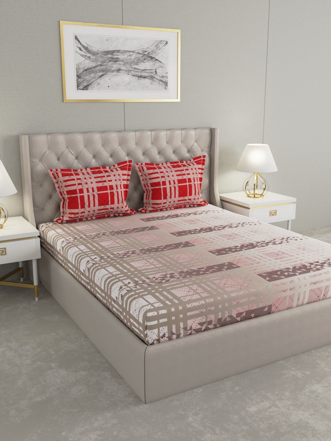 Raymond Home Brown & Red Geometric 140 TC Queen Bedsheet with 2 Pillow Covers Price in India