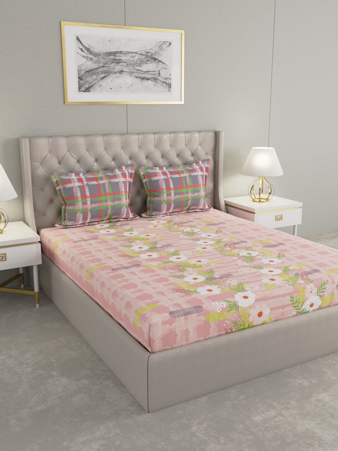Raymond Home Pink & White Floral 140 TC Queen Bedsheet with 2 Pillow Covers Price in India