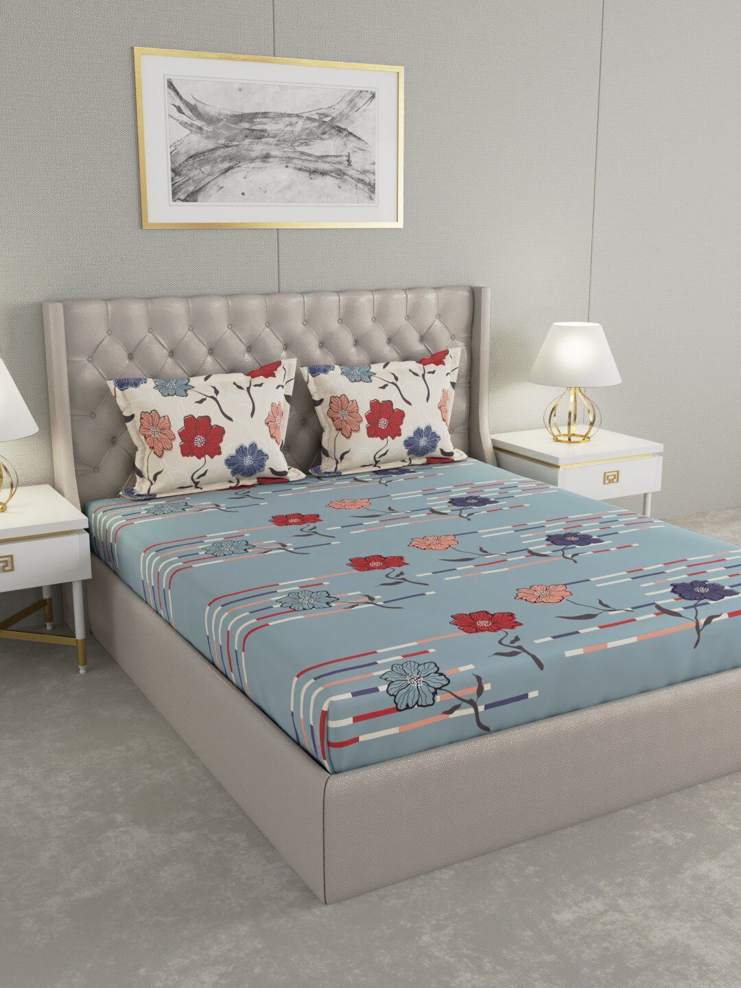 Raymond Home Blue & Red Floral 140 TC Queen Bedsheet with 2 Pillow Covers Price in India