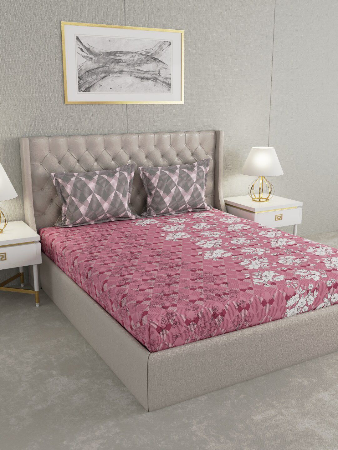 Raymond Home Purple & Grey Floral 140 TC Queen Bedsheet with 2 Pillow Covers Price in India