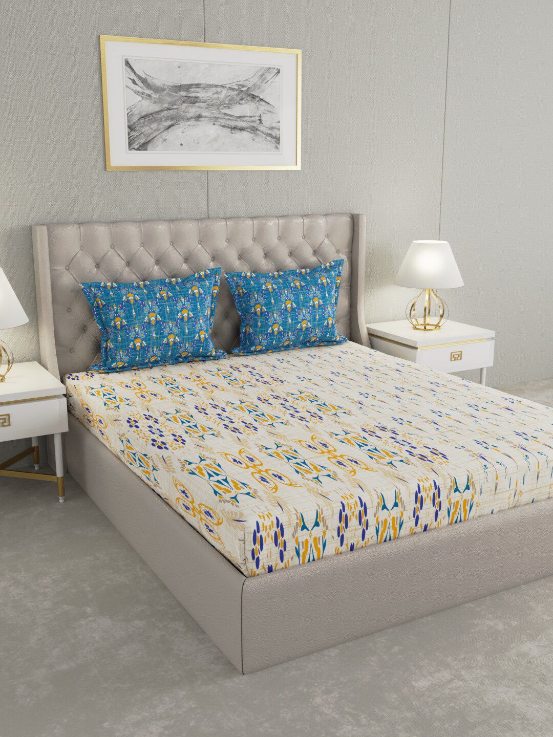 Raymond Home White & Blue Ethnic Motifs 140 TC Queen Bedsheet with 2 Pillow Covers Price in India