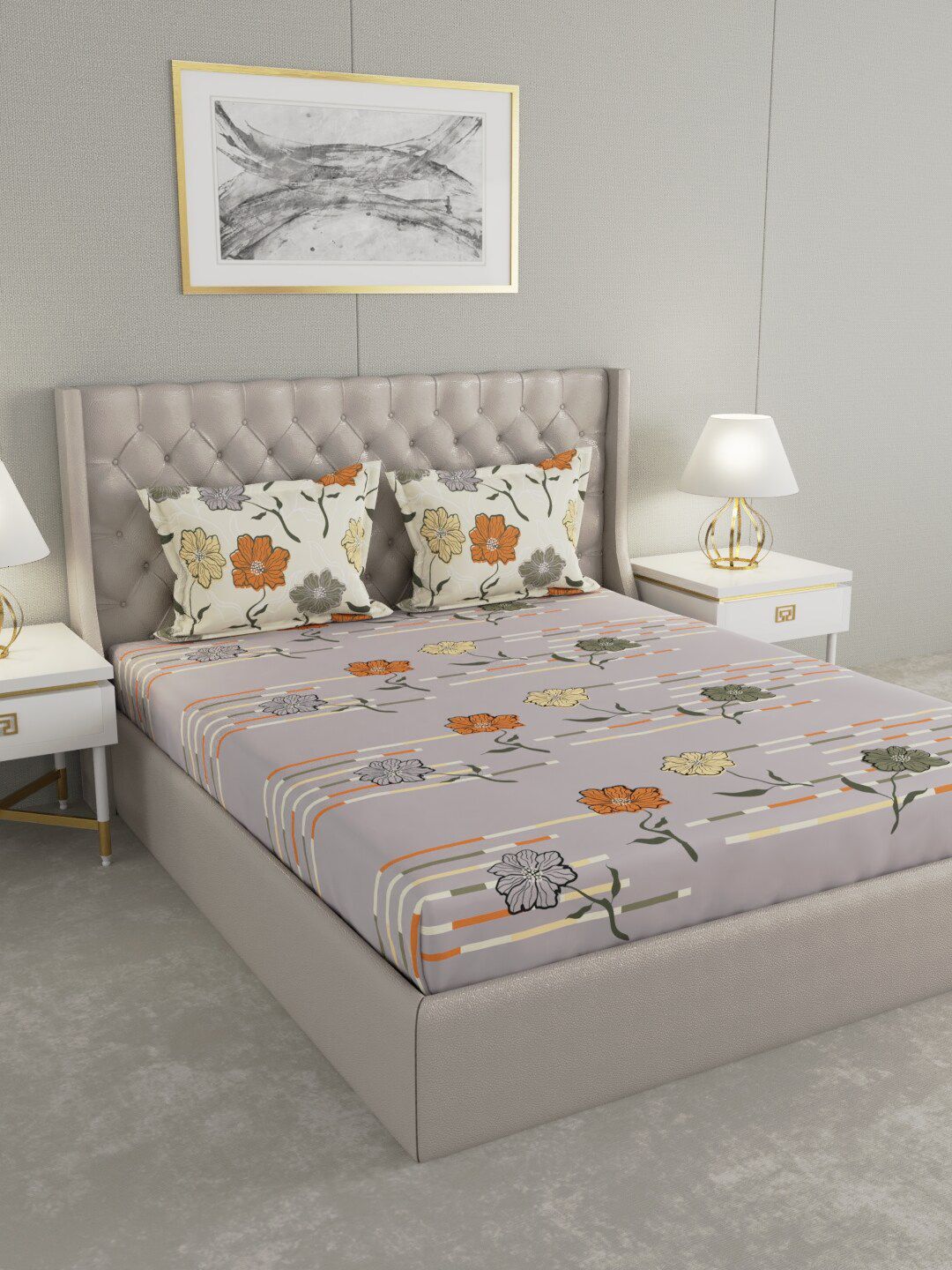 Raymond Home Grey & Orange Floral Printed 140 TC Cotton Queen Bedsheet & 2 Pillow Covers Price in India