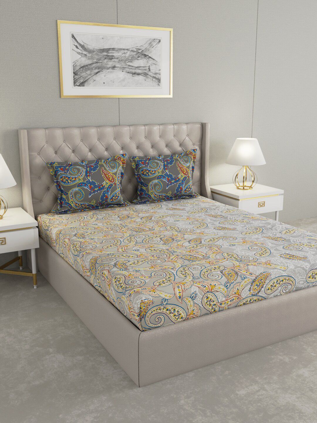 Raymond Home Grey & Yellow Paisley 140 TC Cotton Queen Bedsheet with 2 Pillow Covers Price in India