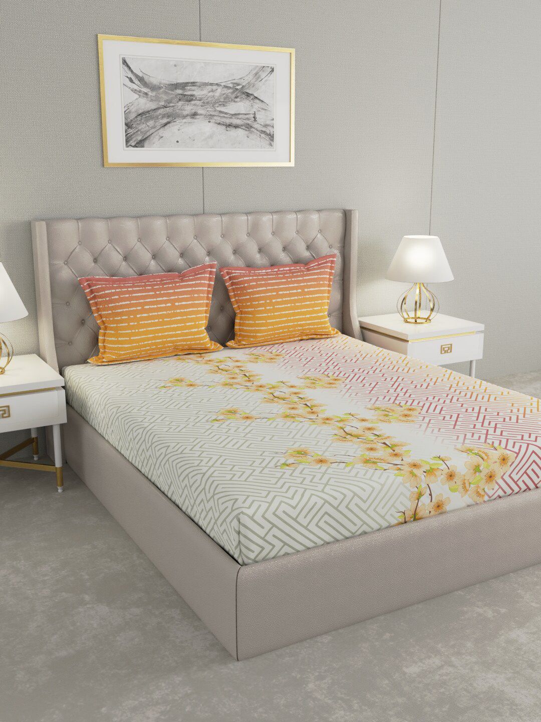 Raymond Home Off White & Peach-Coloured Floral 140 TC Queen Bedsheet with 2 Pillow Covers Price in India