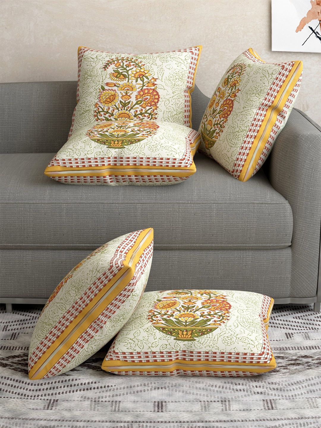 Salona Bichona Unisex Pack of 5 Off-White Ethnic Motifs Pure Cotton Cushion Covers Price in India