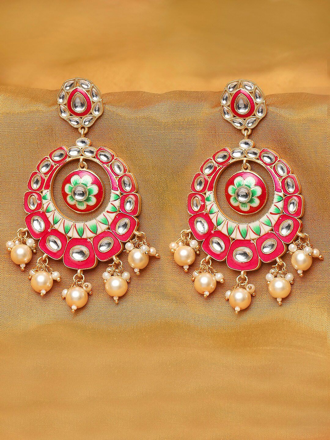 OOMPH Pink & Green Enamelled Floral Chandbalis Earrings Price in India