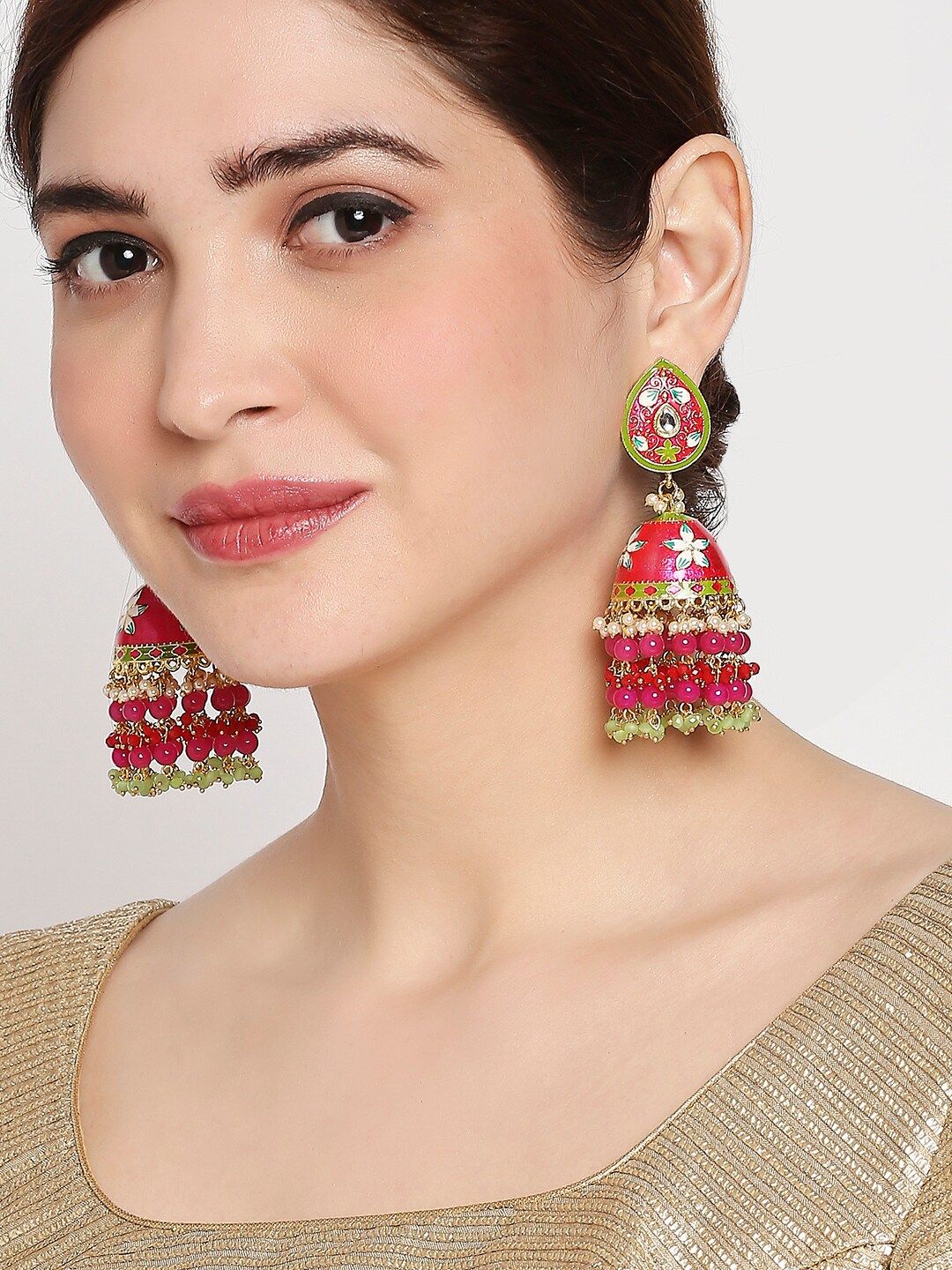 OOMPH Pink & Green Dome Shaped Meenakari Enamelled Kundan Studded Jhumkas Earrings Price in India