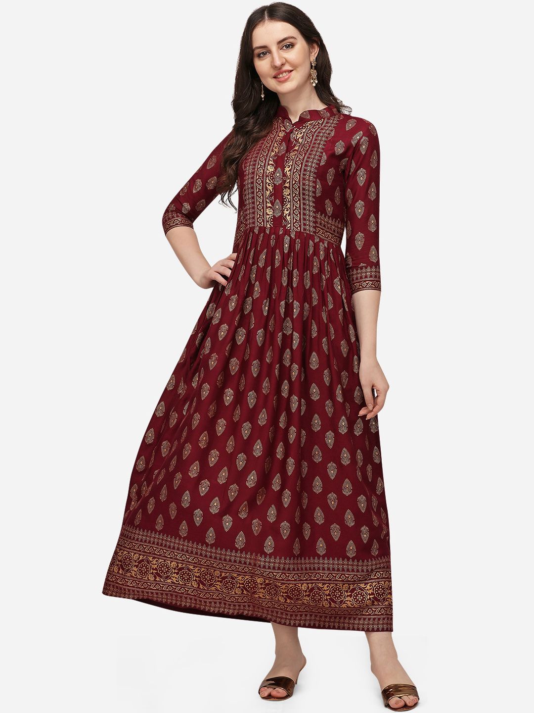 Florence Women Maroon Ethnic Motifs Printed Thread Work Anarkali Kurta Price in India