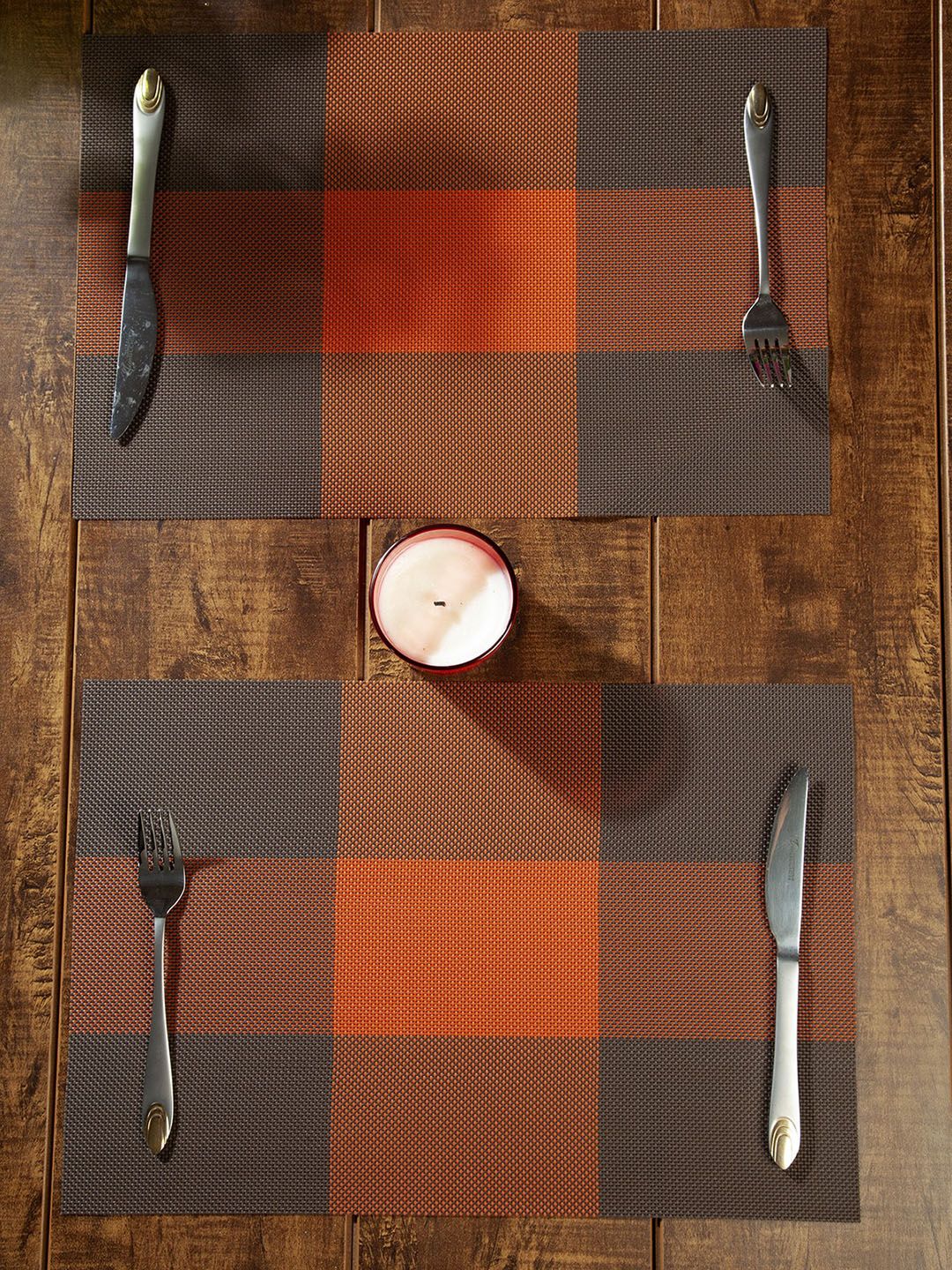 OBSESSIONS Set of 6 Rust Orange & Black Checked Table Placemats Price in India