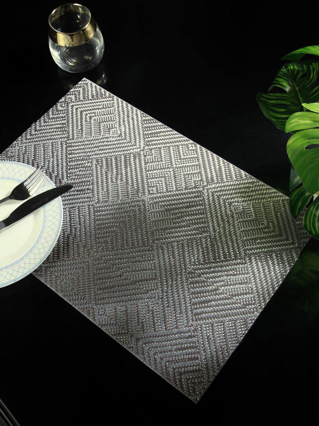 OBSESSIONS Set Of 6 Taupe-Coloured & Grey Printed Rectangular Table Placemats Price in India