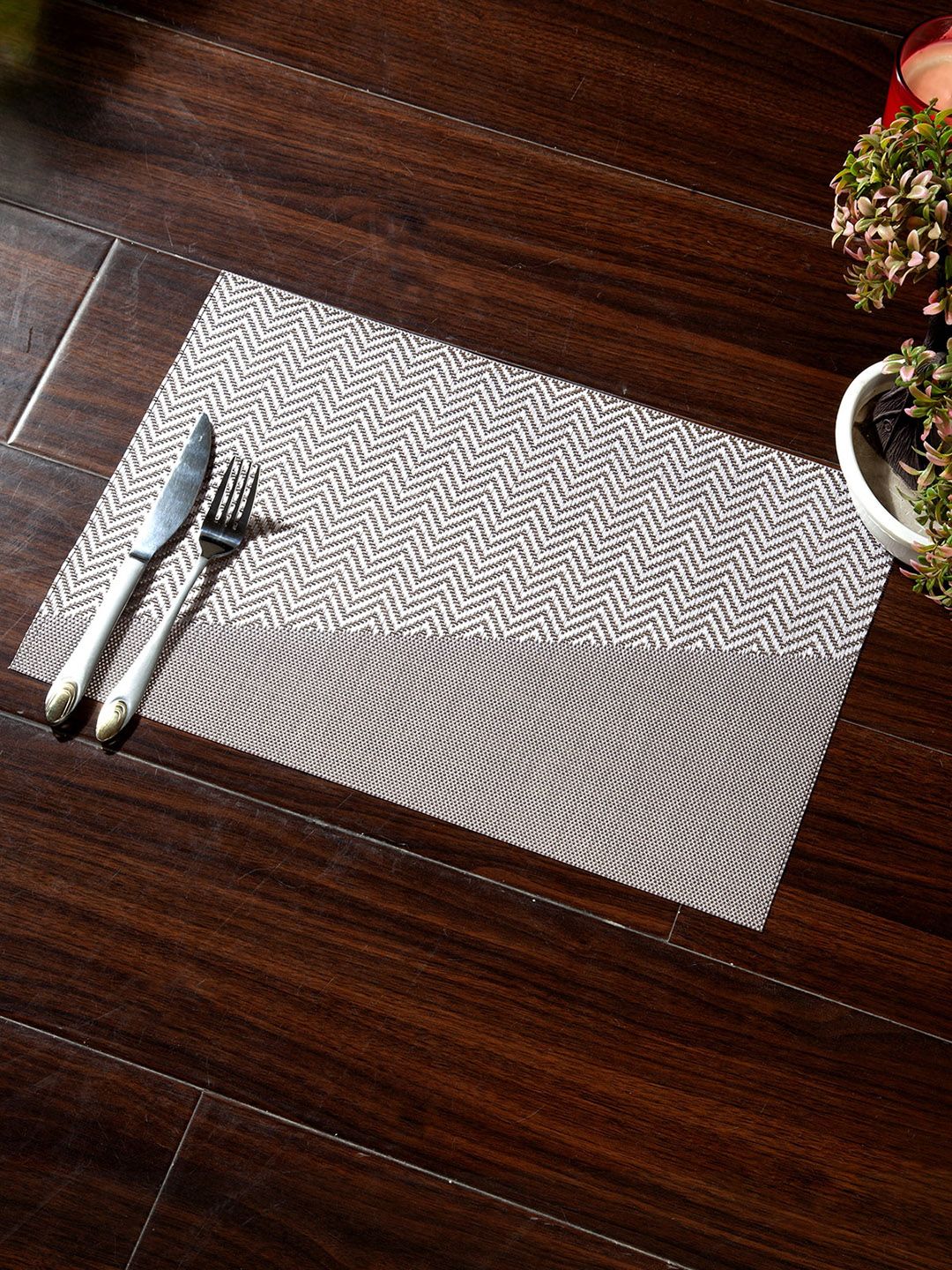 OBSESSIONS Set Of 6 Taupe & White Woven-Design Rectangular Table Placemats Price in India