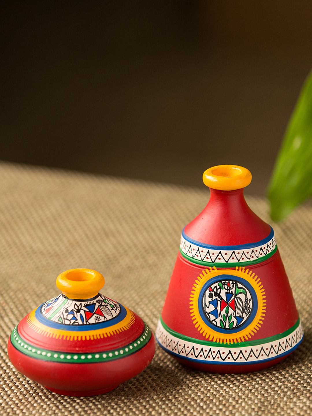 ExclusiveLane Set of 2 Red Warli Handpainted Terracotta Pot Showpieces Price in India