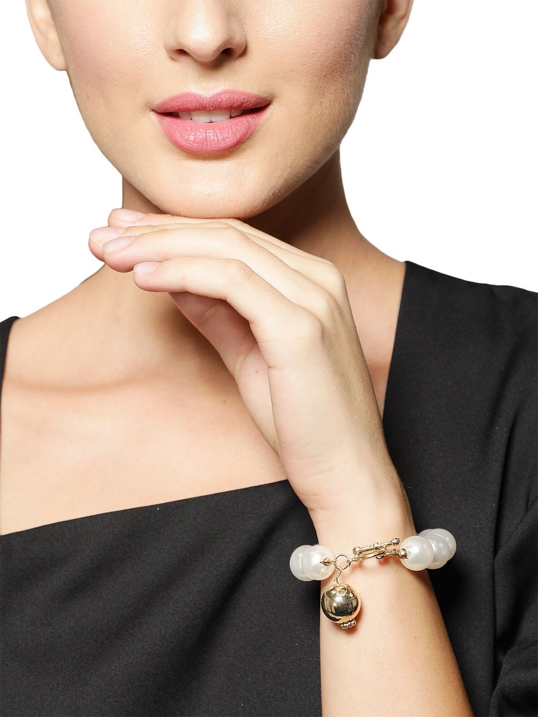 AQUASTREET Women White & Gold-Toned Pearls Single Strand Bracelet Price in India